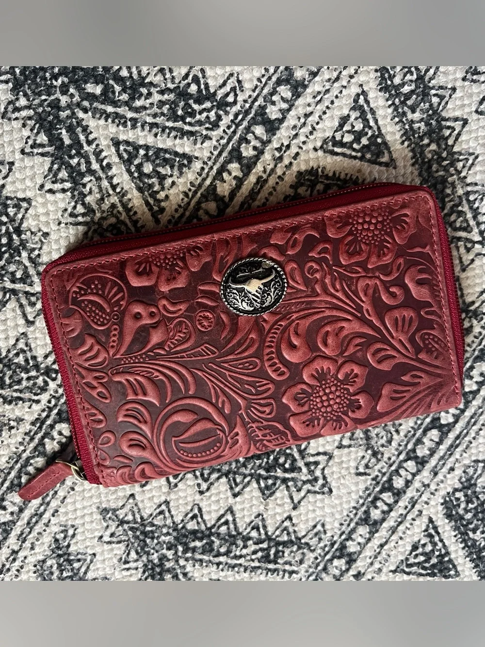 Embossed Floral Zip-Around Wallet in Deep Red